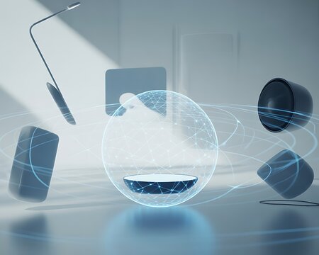 Futuristic smart home devices floating in a digital sphere