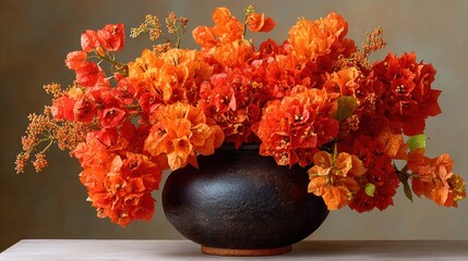 Lush arrangement of fiery orange and red blooms in a textured dark pottery vase