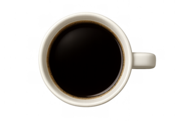 Black coffee filling a white ceramic mug, seen from a top view, providing a close-up of the stimulating hot beverage