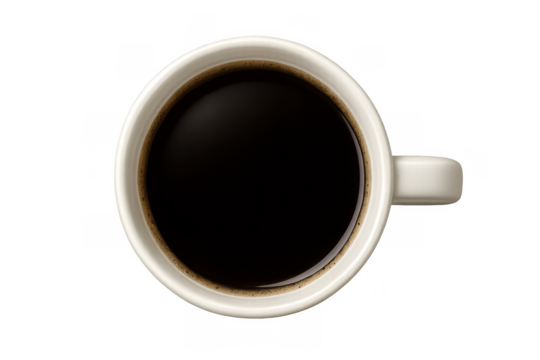 Black coffee filling a white ceramic mug, seen from a top view, providing a close-up of the stimulating hot beverage