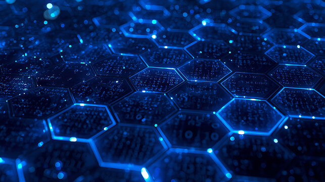 Futuristic dark blue technology network with glowing hexagons and binary code background image