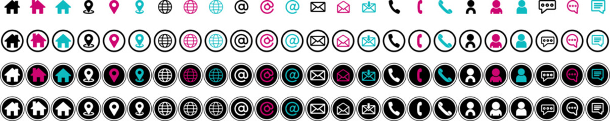 Contact info icon set. Line art and flat shape in different style icon set on call, web, mail, message, location, internet, chat, website, e-mail and etc. for graphic design elements