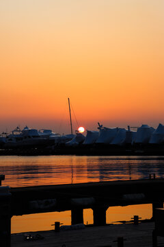 Vladivostok in the evening. Embankment at sunset.
