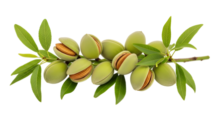 Branch of almond nuts on the tree, isolated on transparent background