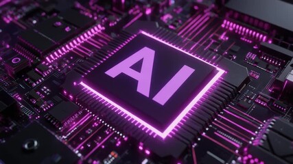 A central AI processor glowing with a vibrant purple neon light on a futuristic circuit board, representing the core of machine learning and advanced data processing technology - Powered by Adobe