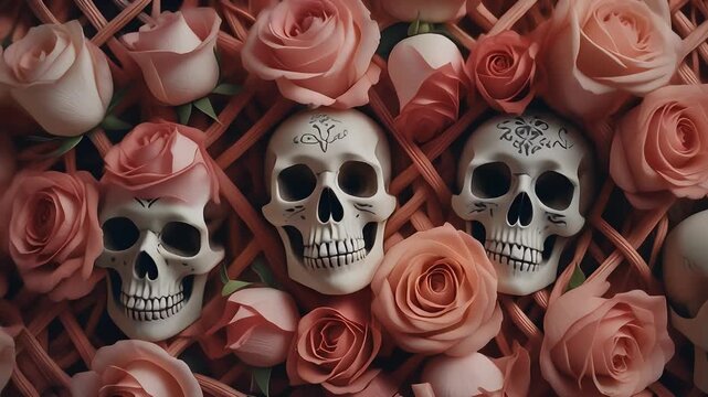 A collection of intricately patterned human skulls nestled among a bed of dusty pink roses and a woven lattice.
