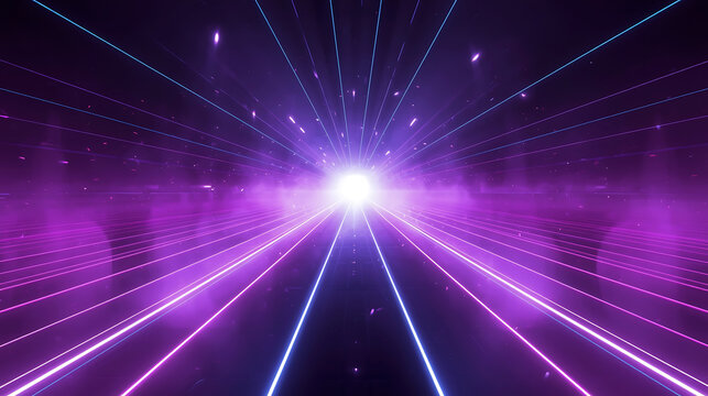 Futuristic neon tunnel with glowing light at the end abstract technology background design