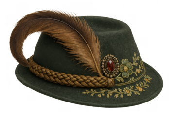 Green alpine hat featuring classic design, a braided band, and decorative elements, representing bavarian and german culture