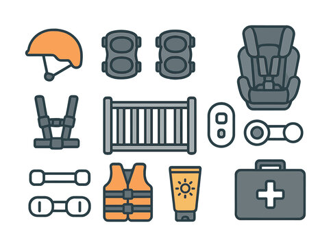 Child safety equipment set: helmet, car seat, baby gate, sunblock, first aid kit and more - Powered by Adobe