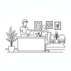 Delivery man giving parcel to female receptionist in office interior line art illustration for business and logistics concept