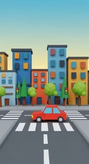 Colorful Low-Poly Cityscape with Vibrant Buildings and a Red Car Crossing