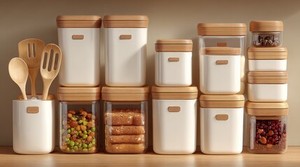 Naklejka premium Modern kitchen pantry organization white and wood containers hold various foods neatly