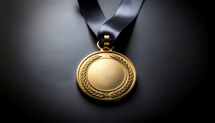 Golden medal with black satin ribbon on matte dark background, symbol of prestige, excellence, and achievement, elegant lighting and luxurious contrast.