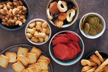 Varied healthy snacks in bowls ready to eat