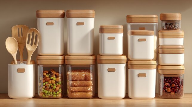 Modern kitchen pantry organization white and wood containers hold various foods neatly