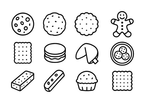 Vector Outline icons: variety of cookies and biscuits including gingerbread and fortune cookie