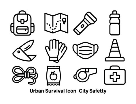 Urban survival icons: backpack, map, flashlight, and more for city safety
