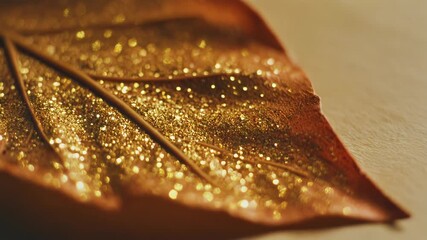 A close-up macro photograph of a leaf covered in sparkling gold glitter, creating a shimmering texture with a beautiful bokeh effect. - Powered by Adobe