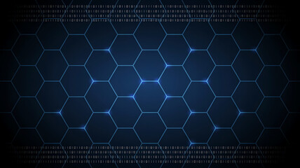 Hexagonal Cyberpunk Background with Glowing Lines and Binary Code for Modern Technology Concept
