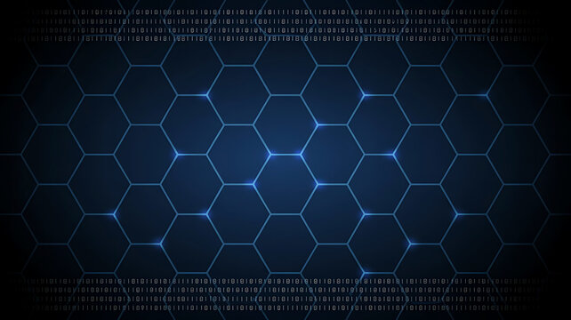 Hexagonal Cyberpunk Background with Glowing Lines and Binary Code for Modern Technology Concept