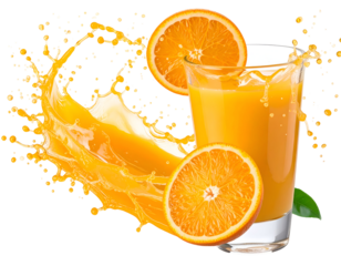 A refreshing glass of orange juice with fresh orange slices and splashes of juice around it, emphasizing freshness and vitality