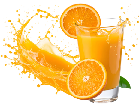 A refreshing glass of orange juice with fresh orange slices and splashes of juice around it, emphasizing freshness and vitality