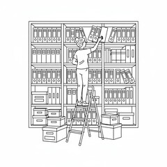 Female employee arranging folders and documents on shelves in an office archive room