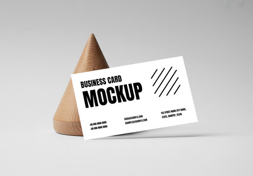 Minimal Business Card Mockup Leaning on Wooden Cone