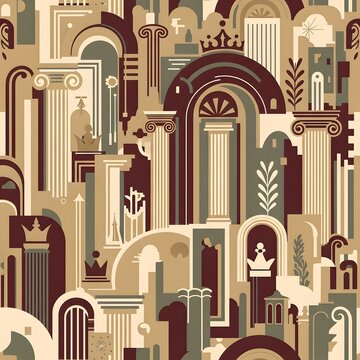 Seamless vintage art deco cityscape pattern with pillars and arches, maroon beige palette
