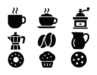 Vector Coffee icons: mug, espresso, grinder, moka pot, beans, pitcher, donut, muffin, cookie