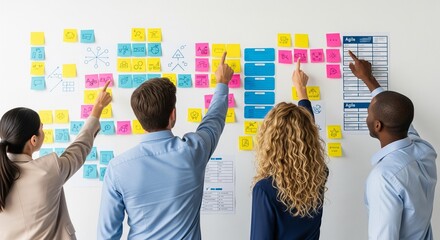 Diverse Team Collaborating on Project Strategy with Colorful Notes