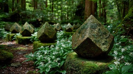 Mossy faceted stone markers line a path through a lush, green forest with white flowers