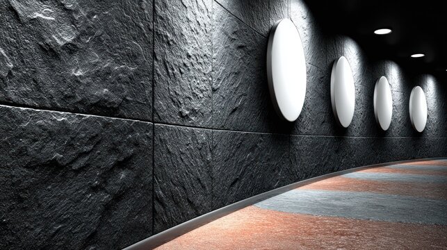 Modern dark curved corridor with textured stone wall, bright ovals, and striped floor