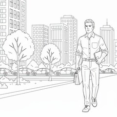 Man in casual business clothes walking with briefcase and folder along city street among cars and buildings