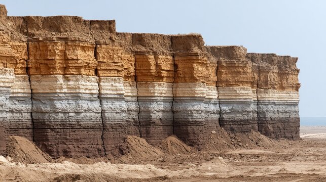 Multi-colored stratified cliff face reveals distinct horizontal layers and eroded texture - Powered by Adobe