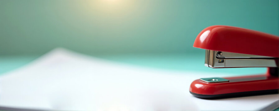 Bright red stapler on white paper stack with turquoise background for office and stationery organization concept with copy space