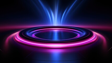 A glowing neon light ring on a dark background with a circular stage podium for product presentation mockup design for banners or posters.