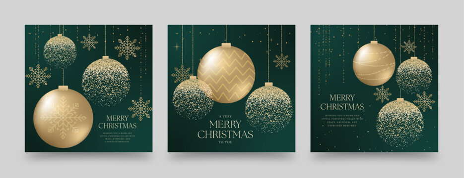 Christmas Poster Flyer Template with Bauble Vector Christmas Decoration for Holiday & NYE New Years Eve Flier & Banner Layouts in Luxury Green & Gold