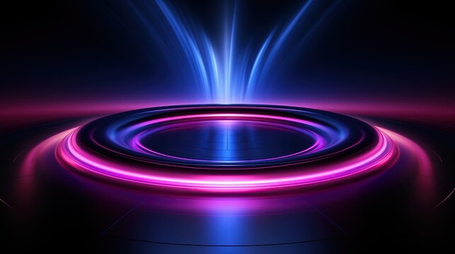 A glowing neon light ring on a dark background with a circular stage podium for product presentation mockup design for banners or posters.