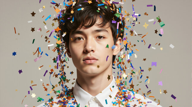 Close-up portrait of a young Asian man with colorful confetti falling around him. Modern studio shot of a model with a neutral expression during a celebration. Festive party concept.