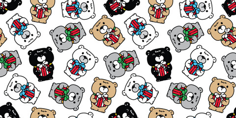 bear polar pattern seamless christmas santa claus hat cartoon gift box teddy vector pet doodle scarf isolated gift wrapping paper tile background repeat wallpaper illustration design
