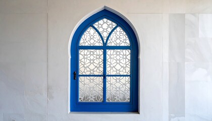 A blue arched window with intricate white latticework against a white marble wall. The window's design resembles Moorish architecture
