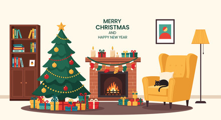 A beautifully decorated living room, complete with a festive Christmas tree, glowing fireplace, and a cozy armchair with a sleeping cat, celebrating the holiday season.