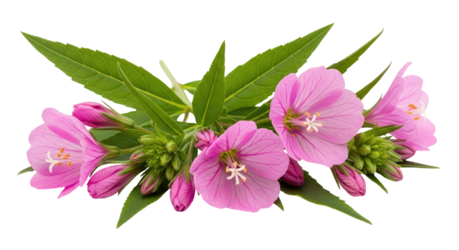 Close-up of pink flowers and green leaves on black background