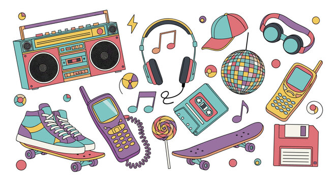 A vibrant collection of retro 80s and 90s pop culture items and accessories, including boomboxes, roller skates, and cassette tapes, evokes a sense of nostalgia.