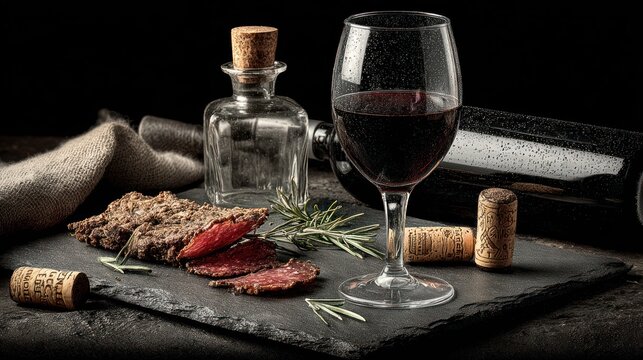 Red wine glass, full bottle, sliced cured meat, rosemary, and bread on dark slate