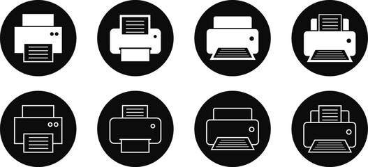Printer icon set, print device vector collection, modern flat and line outline printer symbols for office, technology, documents, and paper printing, black and white circle button icons pack