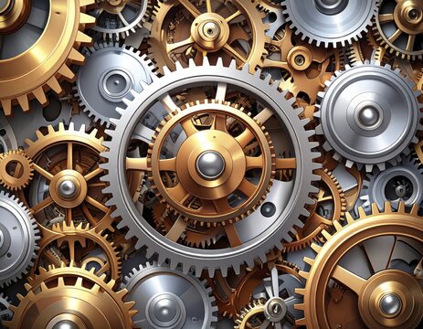 Intricate metallic gears mechanism background showcasing precision engineering and complex machinery - Powered by Adobe