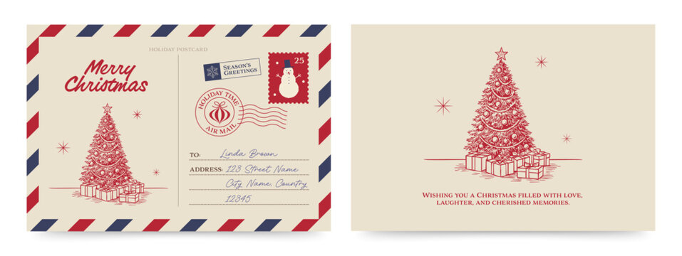 Christmas Postcard Template with Vintage Airmail Style for Printable Greetings Cards & Wish Lists