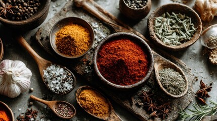 Rustic arrangement of colorful spices in wooden bowls and spoons on a textured surface
